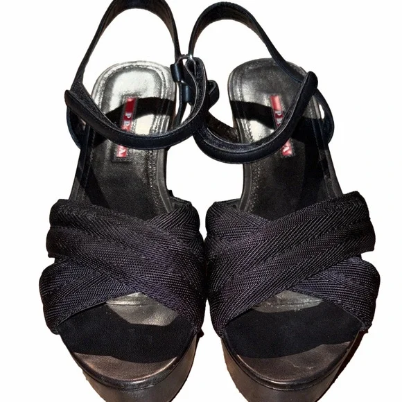 Prada Vintage Criss Cross Nylon Platform Sandal w/Leather Straps | Sz 37.5/7W - Picture 2 of 7